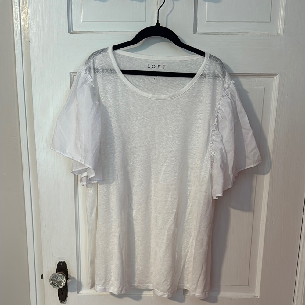 Ann Taylor LOFT White Linen Top Women's Flutter Short Sleeve Shirt XL